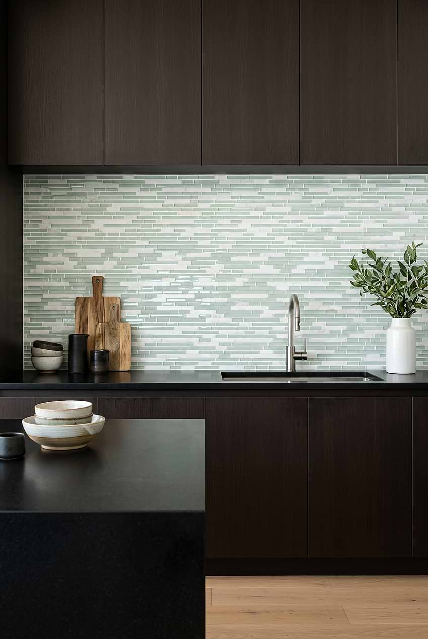 Green Backsplash for Brown Cabinets and Black Countertops BA1205