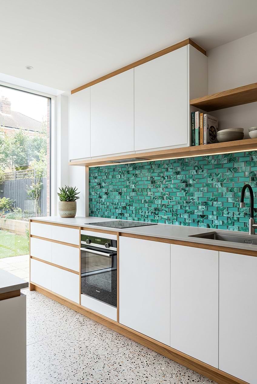 Green Glass Backsplash White Cabinets BA8013