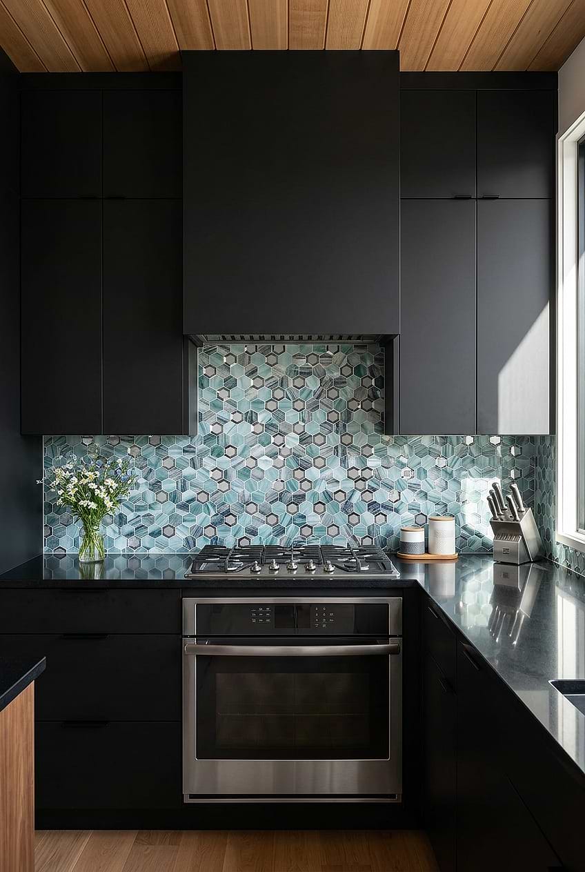 Green Glass Hexagon Backsplash for Black Countertops BA6203