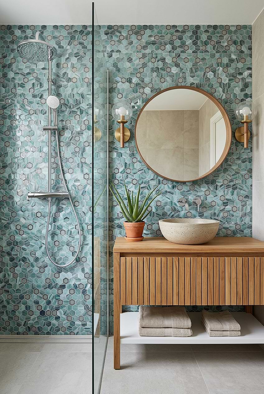 Green Glass Metal Hexagon Bathroom Tile BA6203