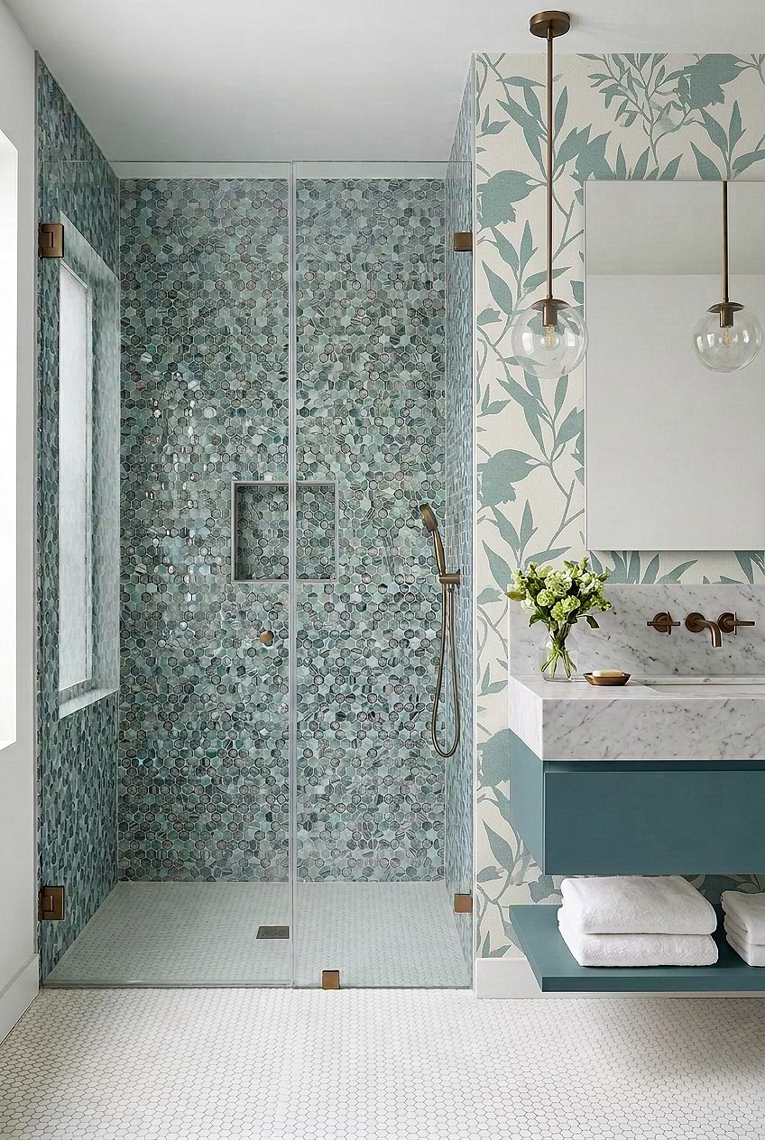 Green Glass Metal Hexagon Shower BA6203