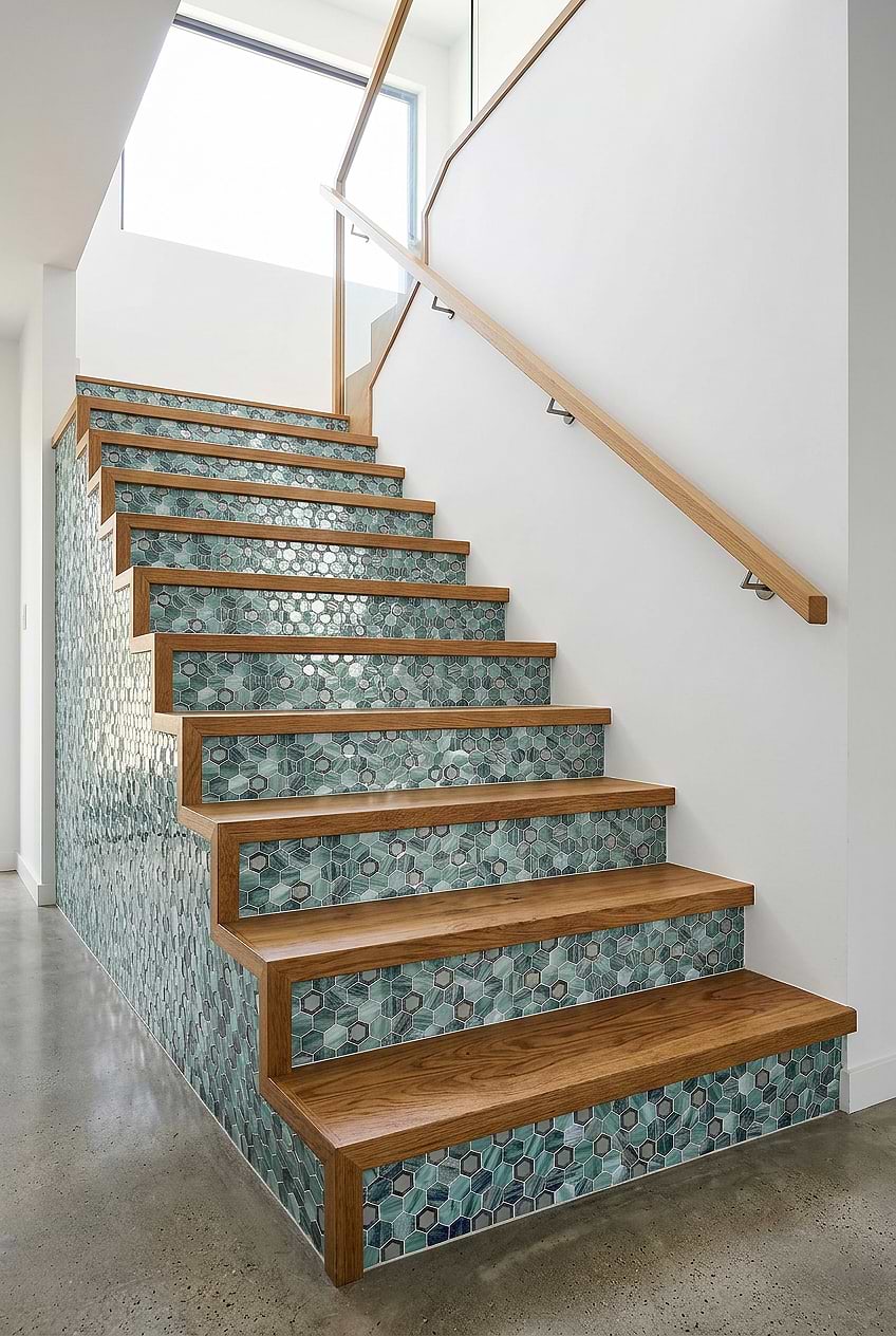 Green Glass Metal Hexagon Tile Staircase BA6203