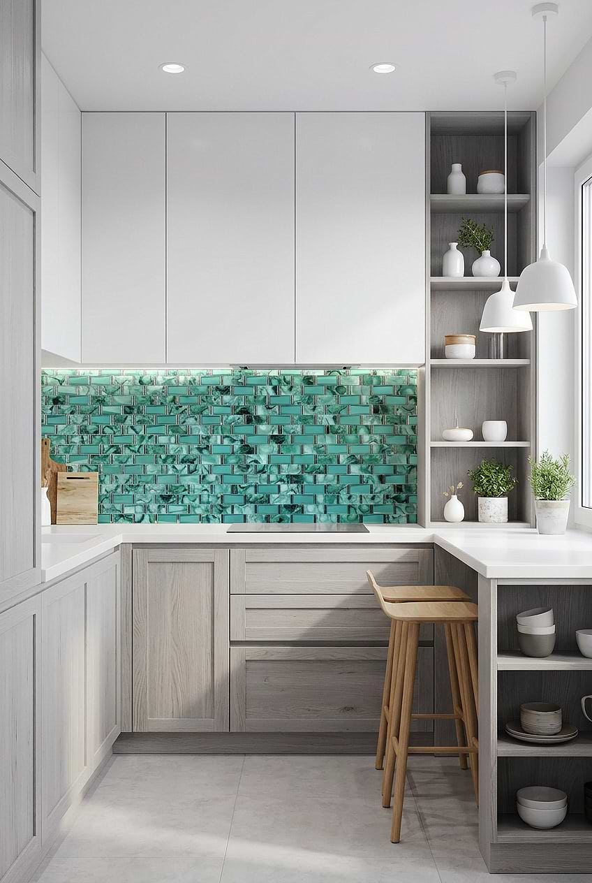 Green Glass Subway Backsplash Gray Cabinets BA8013
