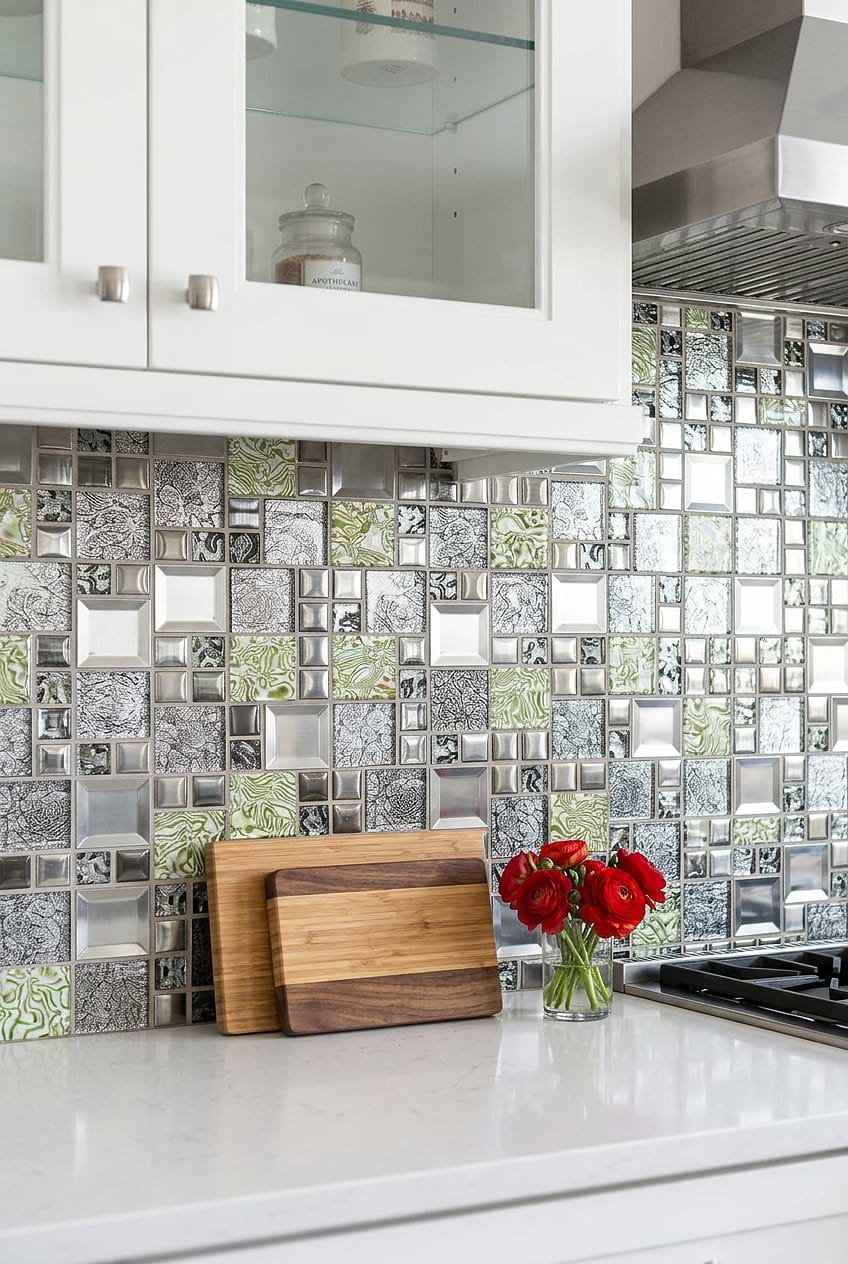 Green Gray Glass Metal Mosaic BA62012