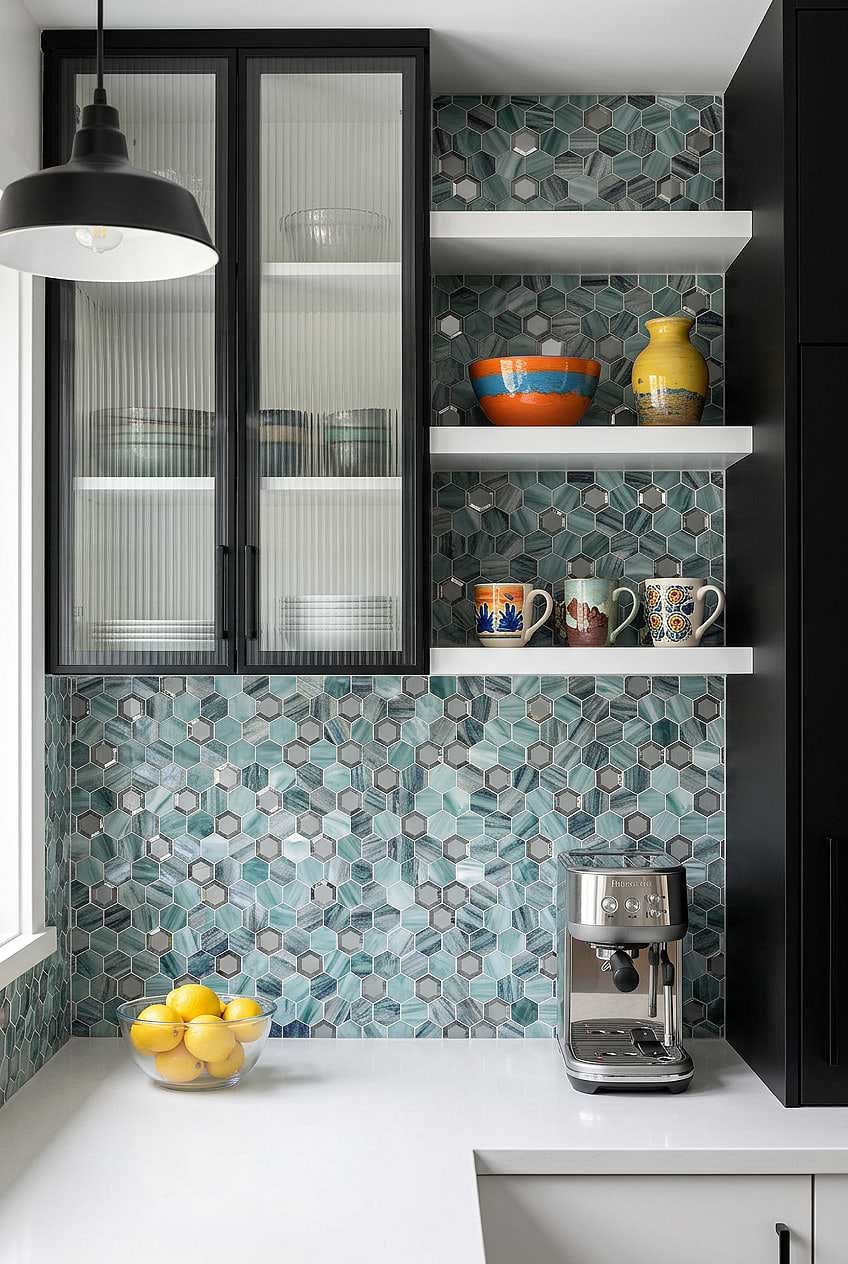 Green Hexagon Backsplash Black Cabinets BA6203