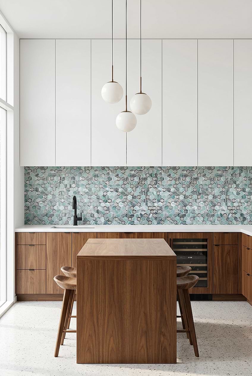 Green Hexagon Mosaic White Cabinets BA6203