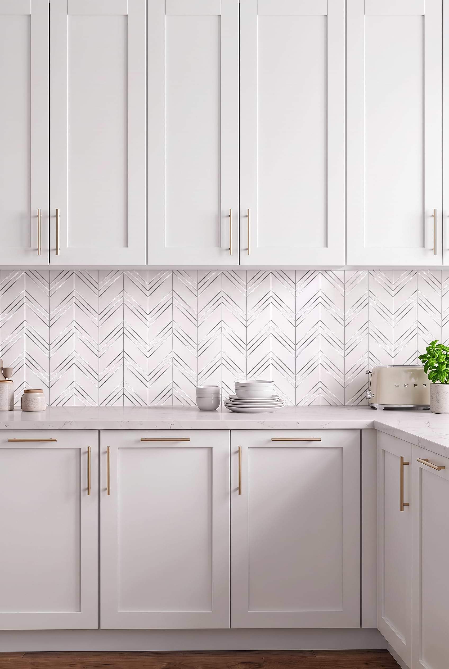 L Shaped Kitchen Ideas with Marble Chevron Backsplash BA6301
