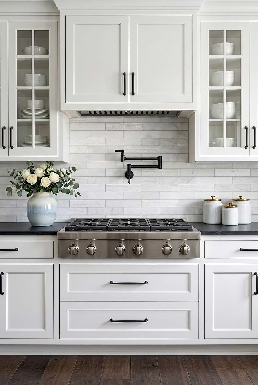 Large White Marble Subway Transitional Kitchen BA8035