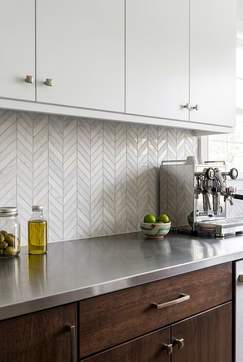 Marble Chevron Backsplash with Stainless Steel Countertop BA631613