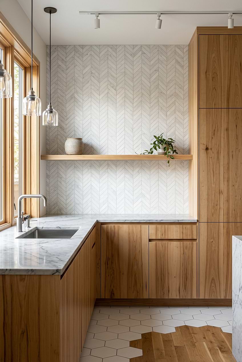 Marble Chevron Kitchen Backsplash for Hickory Cabinets BA631613