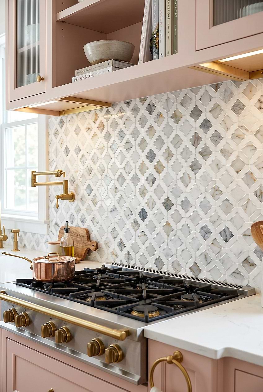 Marble Diamond Backsplash Pink Cabinets BA6313 Marble Diamond Backsplash Pink Cabinets BA6313