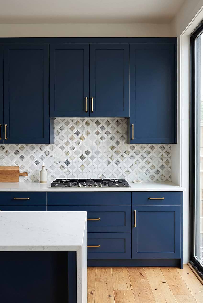 Marble Diamond Backsplash with Navy Cabinets BA6313