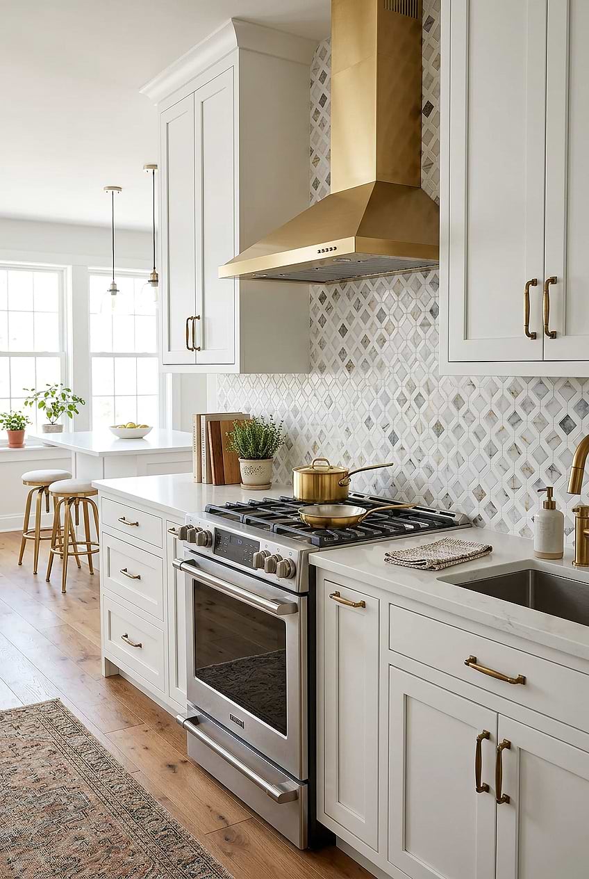 Marble Diamond Backsplash with White Cabinets BA6313 Marble Diamond Backsplash with White Cabinets BA6313
