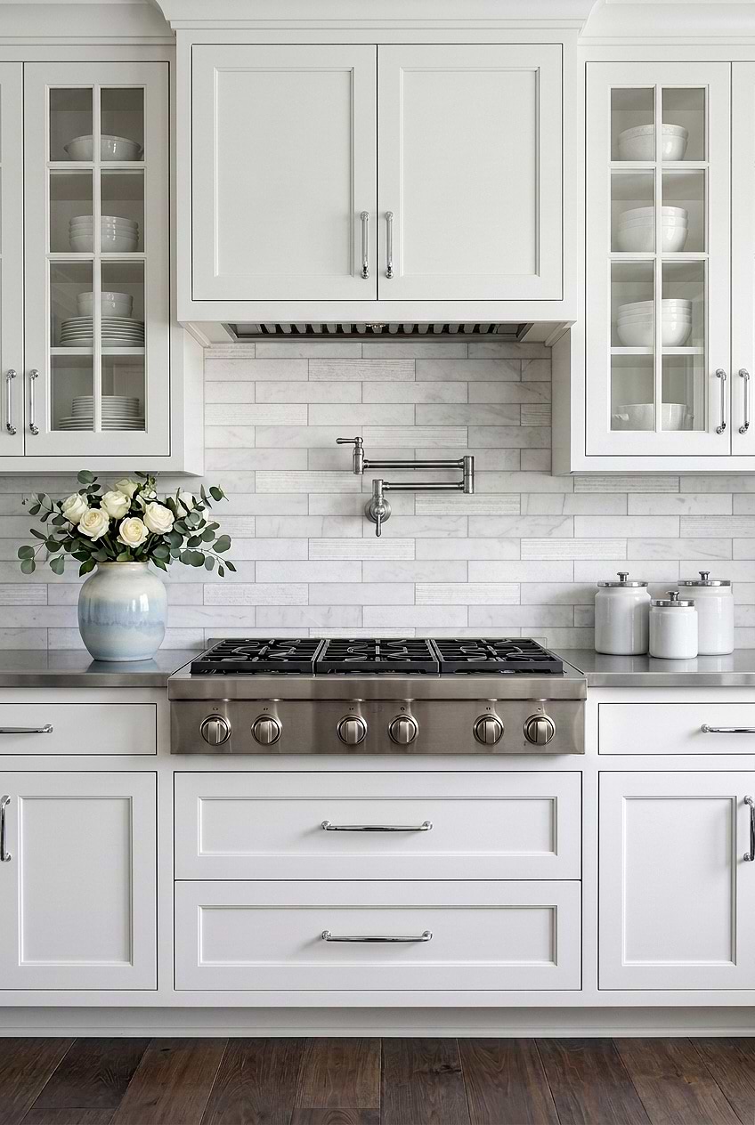 Marble Subway Backsplash with Stainless Countertop BA8035