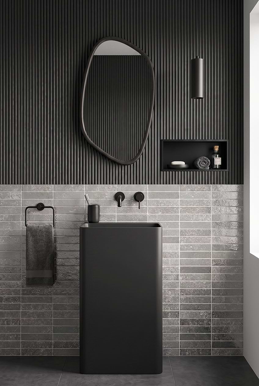 Metallic Gray Tile Black Pedestal Bathroom BA6205 Metallic Gray Tile Black Pedestal Bathroom BA6205
