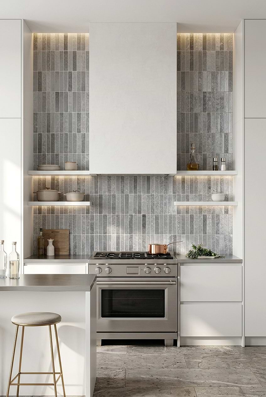 Metallic Gray Tile for White Kitchen BA6205