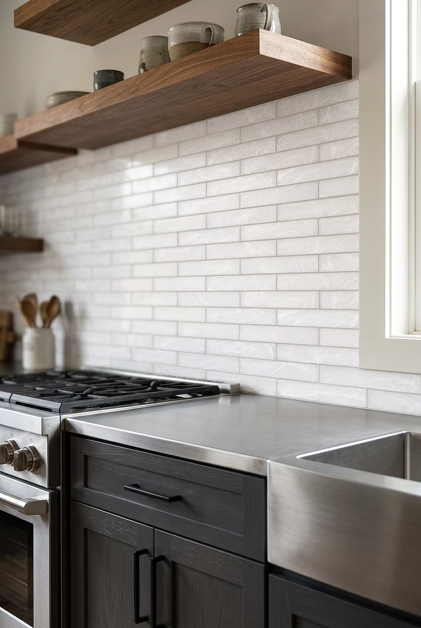 Milky White Glass Subway Tile Black Cabinets BA6707