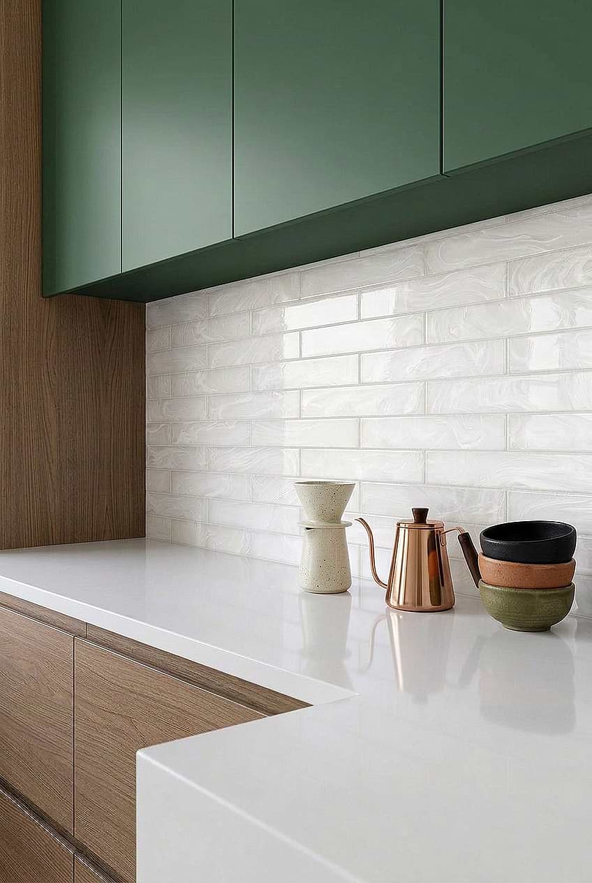 Milky White Glass Subway Tile Green Cabinets BA6707 Milky White Glass Subway Tile Green Cabinets BA6707