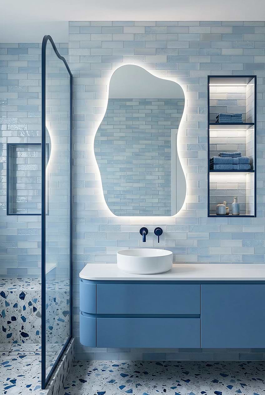 Modern Cloud Blue Glass Backsplash for Boys Bathroom BA5560