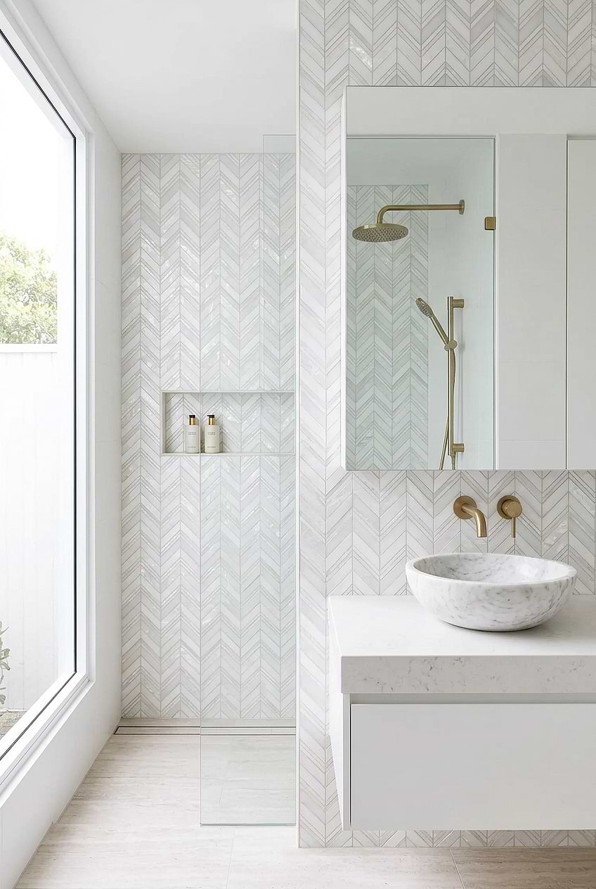 Modern White Bathroom Pearl Marble Chevron Tile BA8030