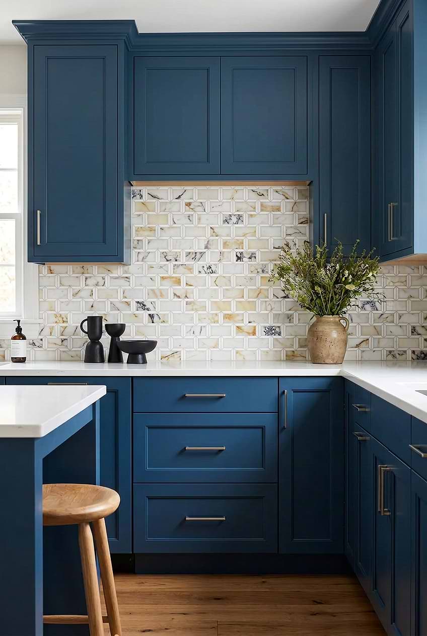Multicolor Marble Subway Backsplash Blue Cabinets BA6330 Multicolor Marble Subway Backsplash Blue Cabinets BA6330