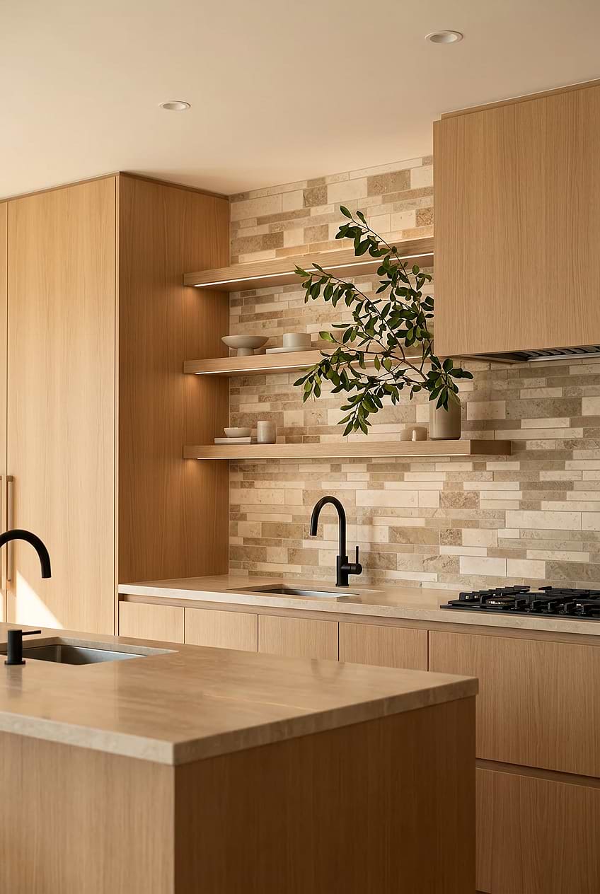 Multicolor Travertine Subway Scandinavian Kitchen BA1024