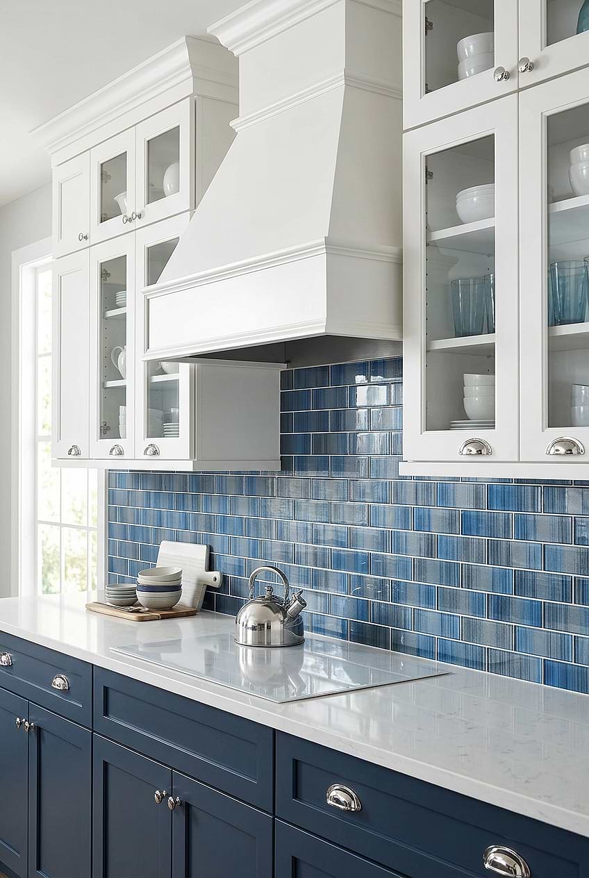 Navy Cabinets Blue Glass Subway Backsplash BA8005