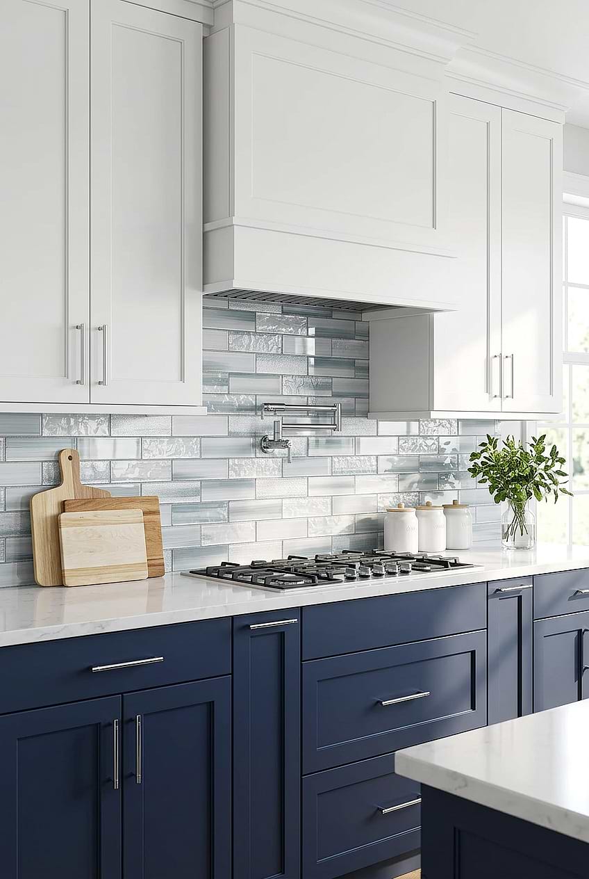 Navy Cabinets Blue Gray Glass Backsplash BA5507 LOT B