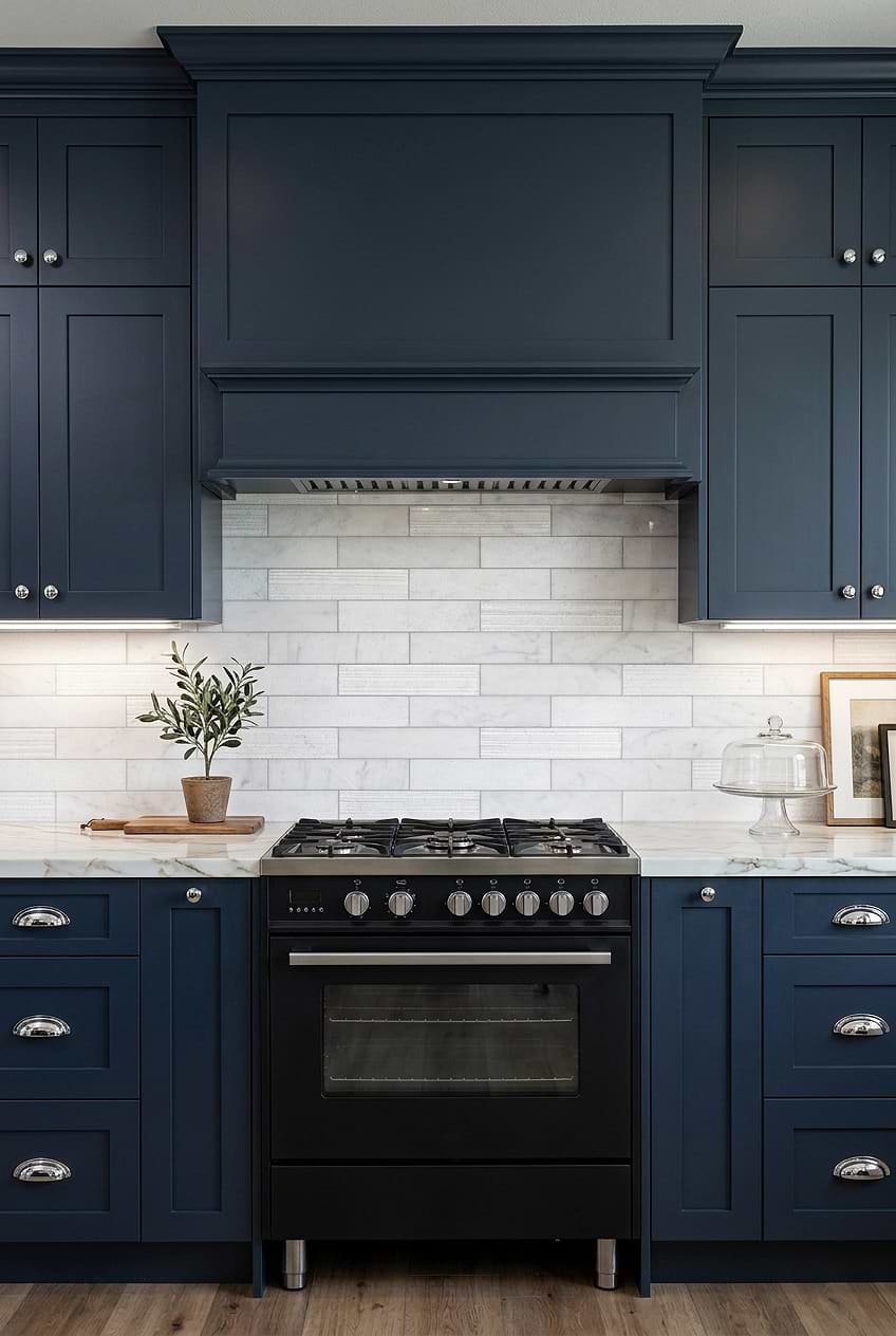 Navy Cabinets White Marble Subway Tile BA8035 Navy Cabinets White Marble Subway Tile BA8035