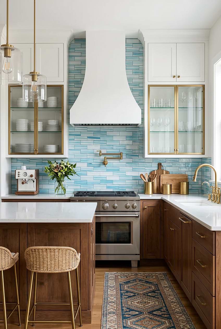 Ocean Blue Glass Backsplash White Cabinets Backsplash BA5563