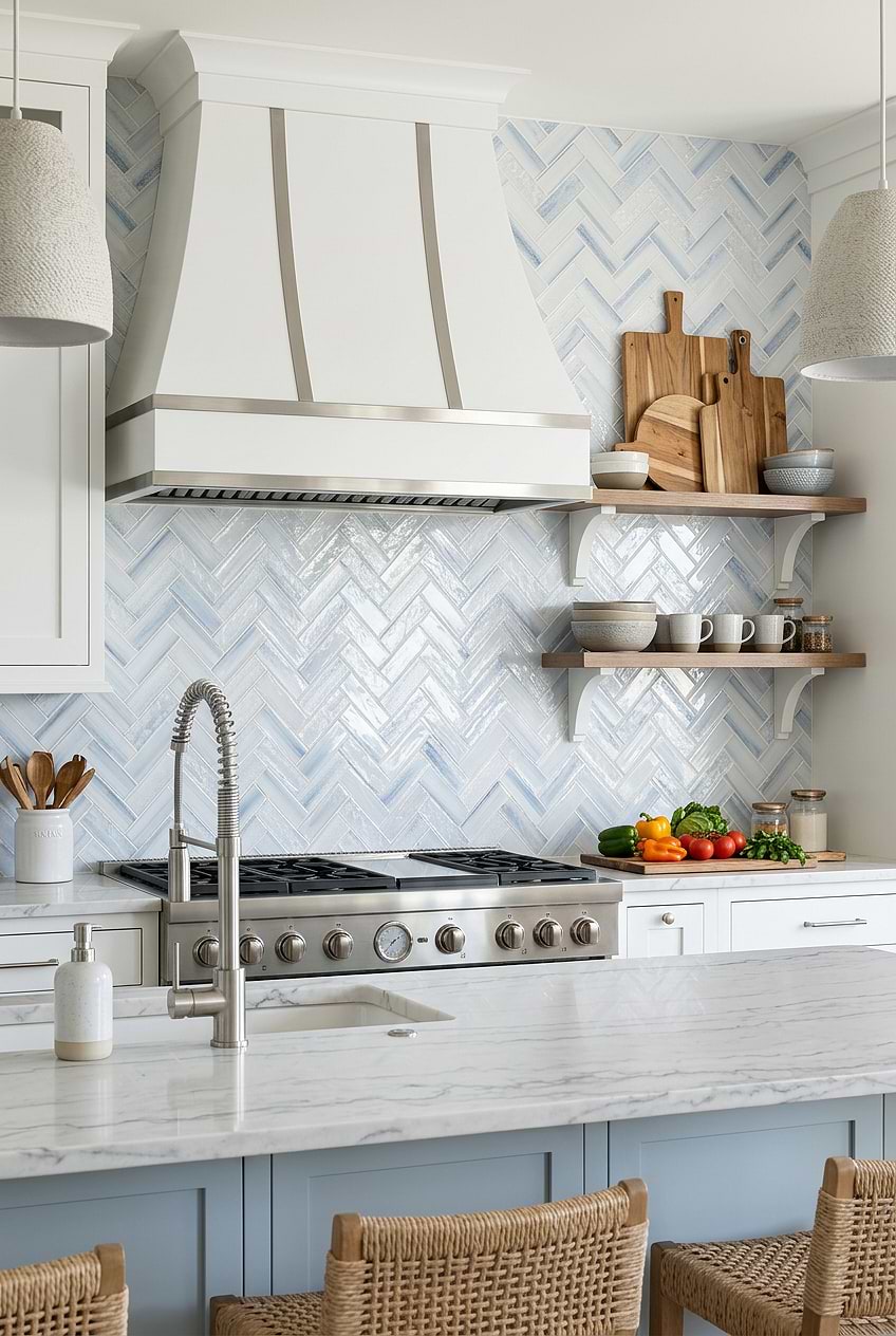 Ocean Blue Glass Herringbone Kitchen Backsplash BA5507 LOT C