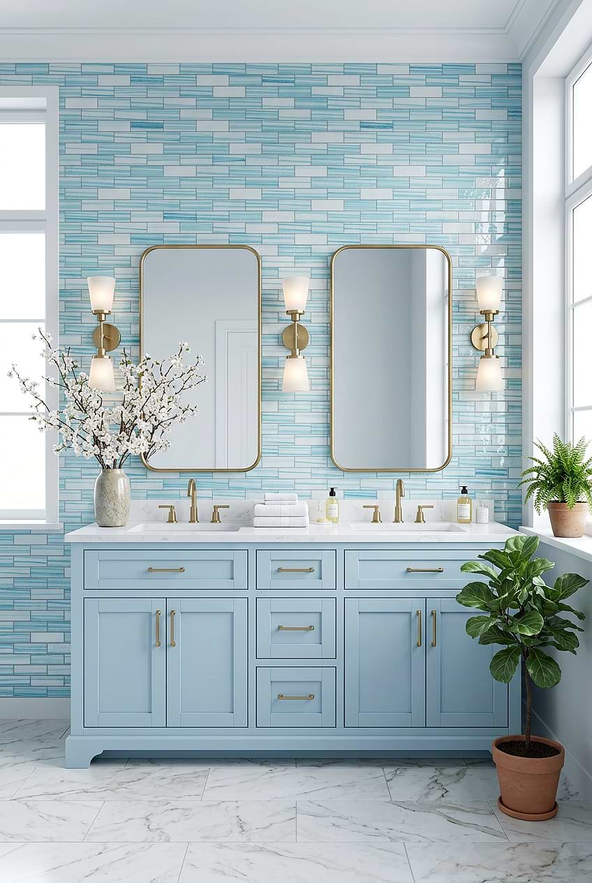 Ocean Wave Glass Tiles with Blue Vanity Bathroom BA5563