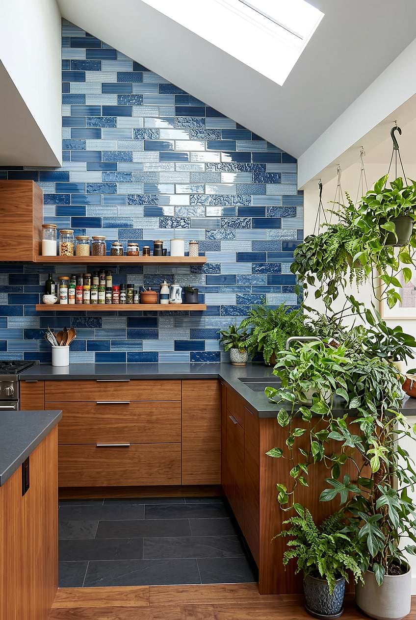 Pacific Blue Glass Subway Tile Wood Cabinets BA5530