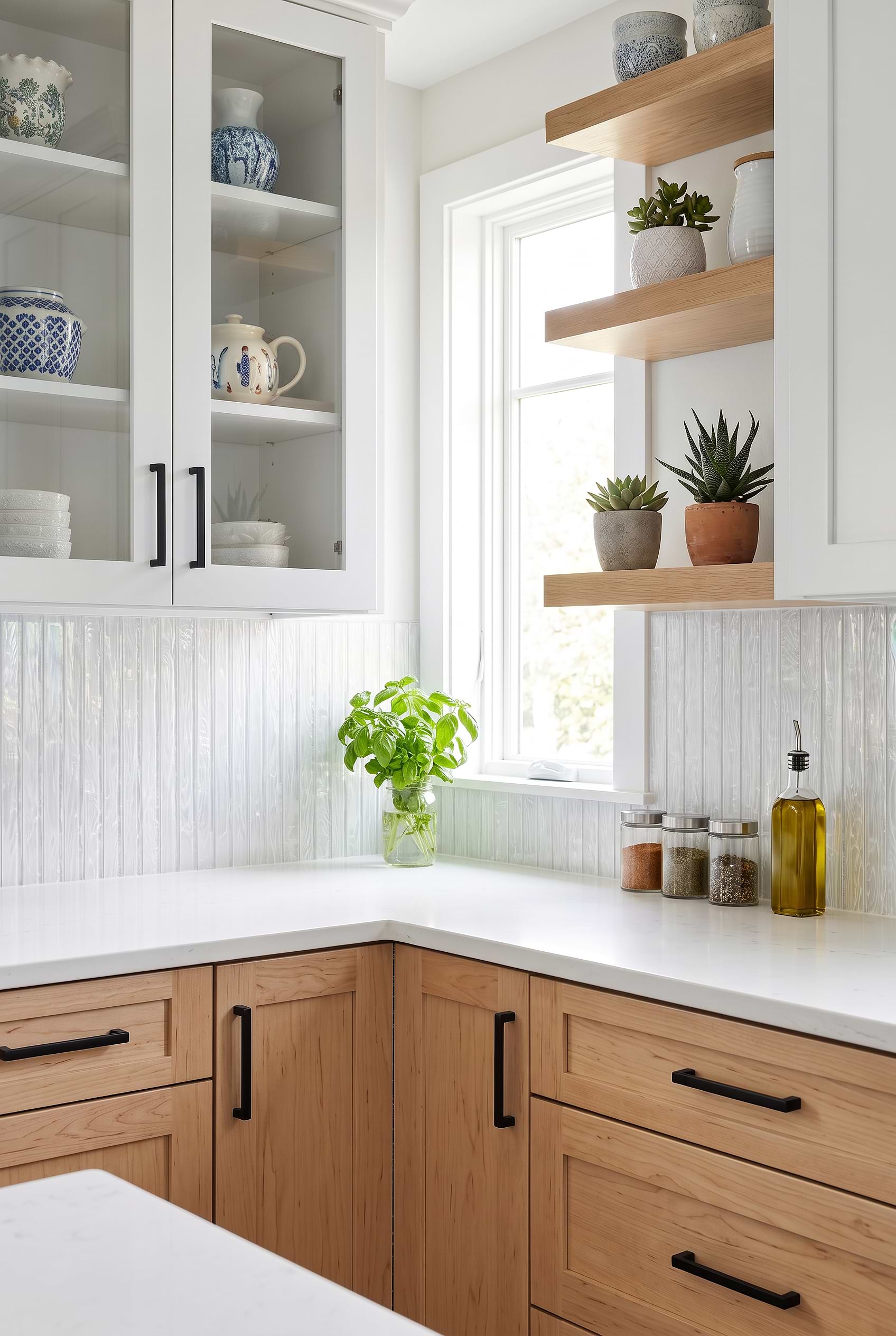 Pearl White Glass Backsplash with Natural Wood BA8023