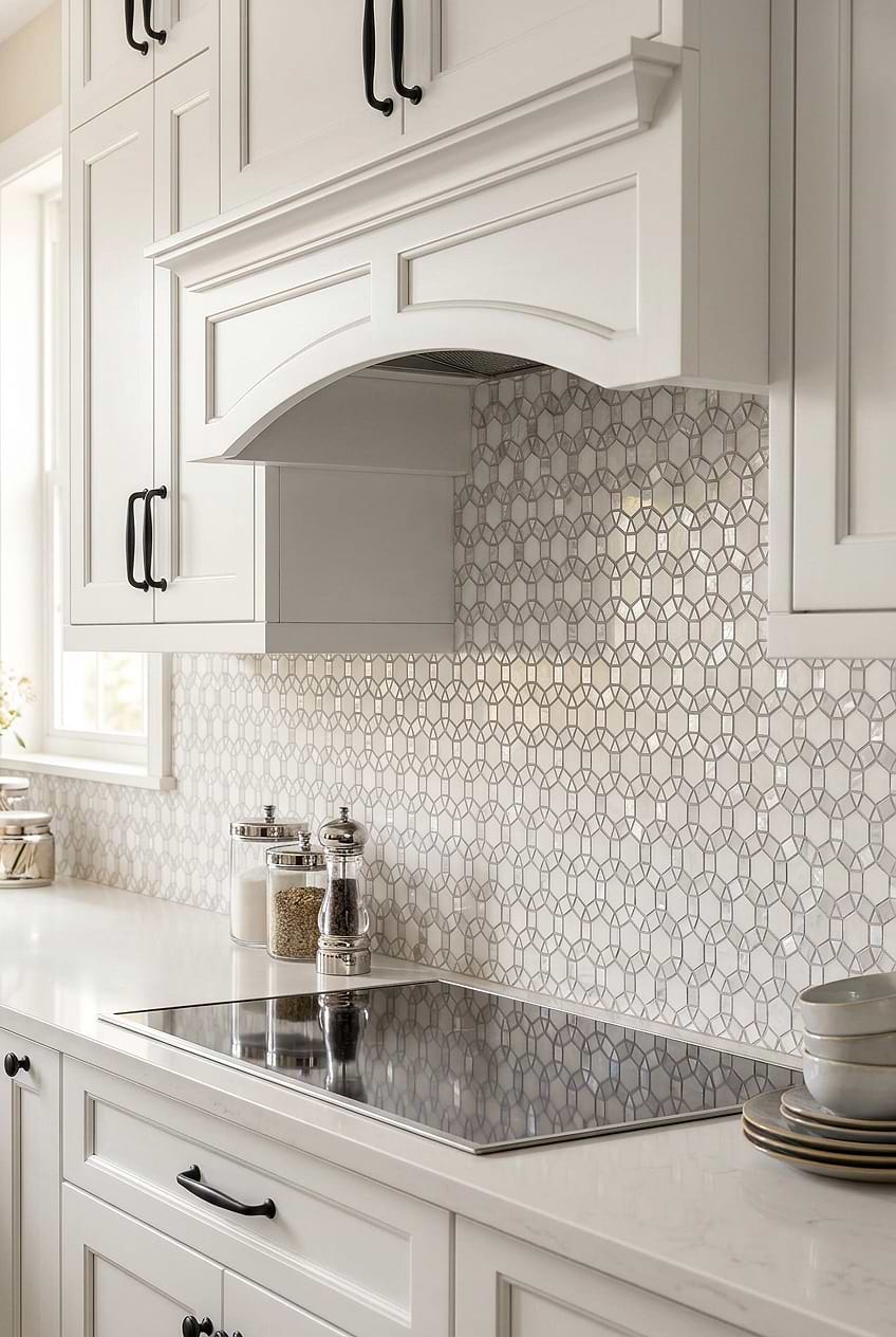 Pearl White Marble Geometric Mosaic Tile BA7002