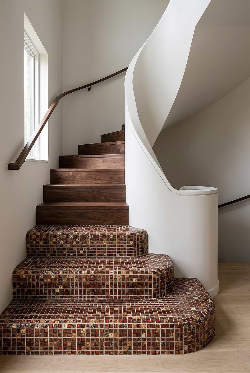 Red Beige Glass Mosaic Tiled Stairs BA1105