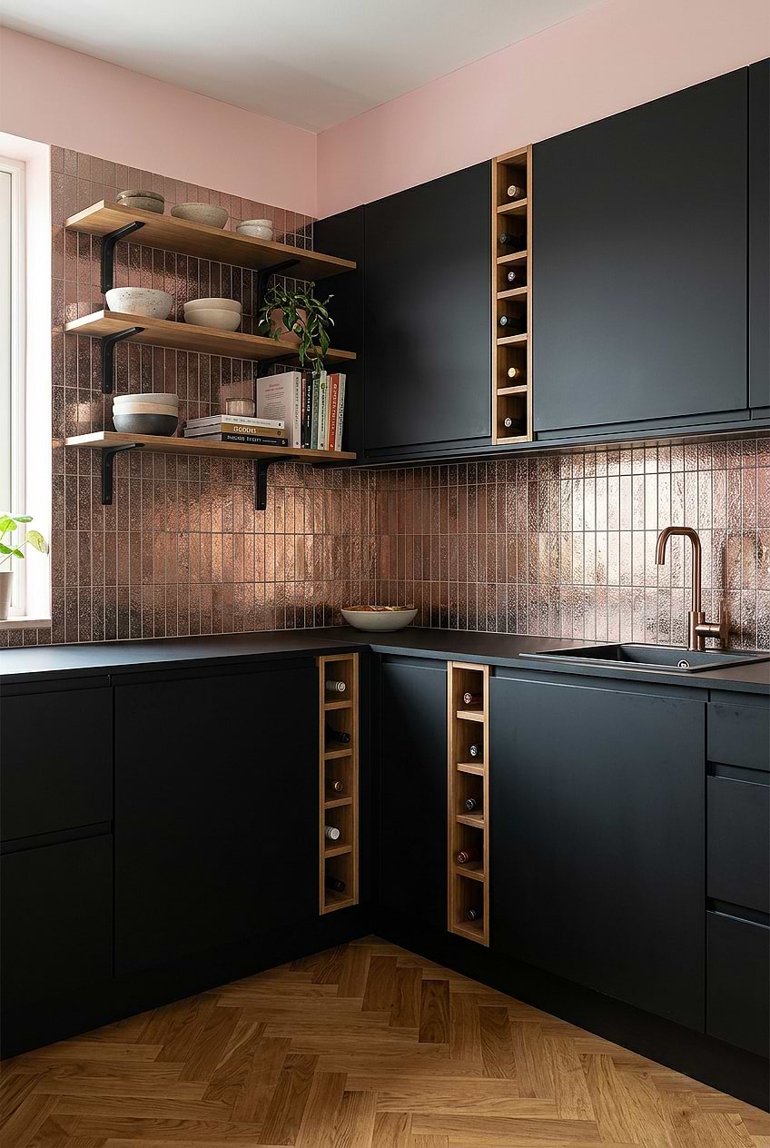 Rose Gold Backsplash Black Cabinets BA6206 Rose Gold Backsplash Black Cabinets BA6206