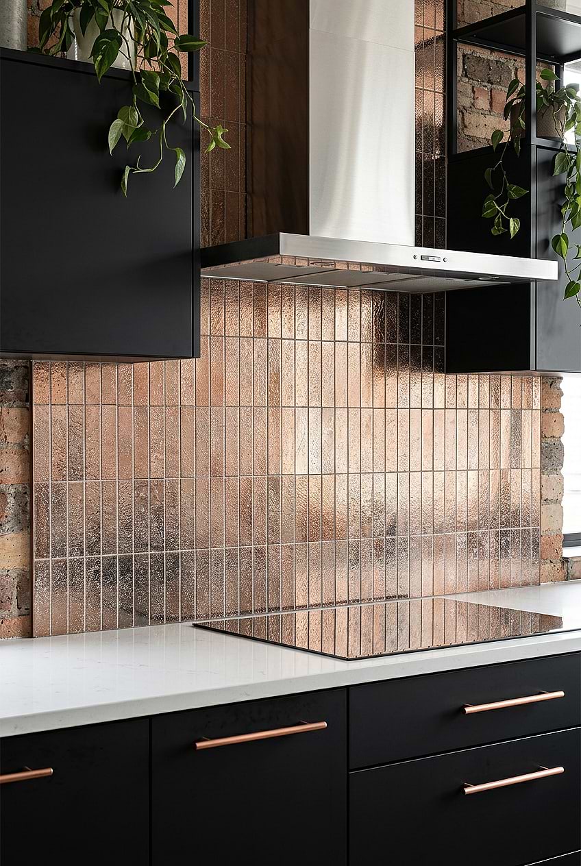 Rose Gold Metallic Backsplash with Black Cabinets BA6206