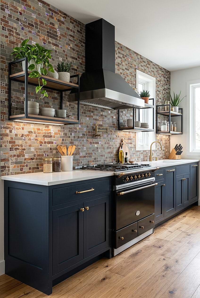 Rustic Slate Glass Mix Tile with Black Cabinets BA1026
