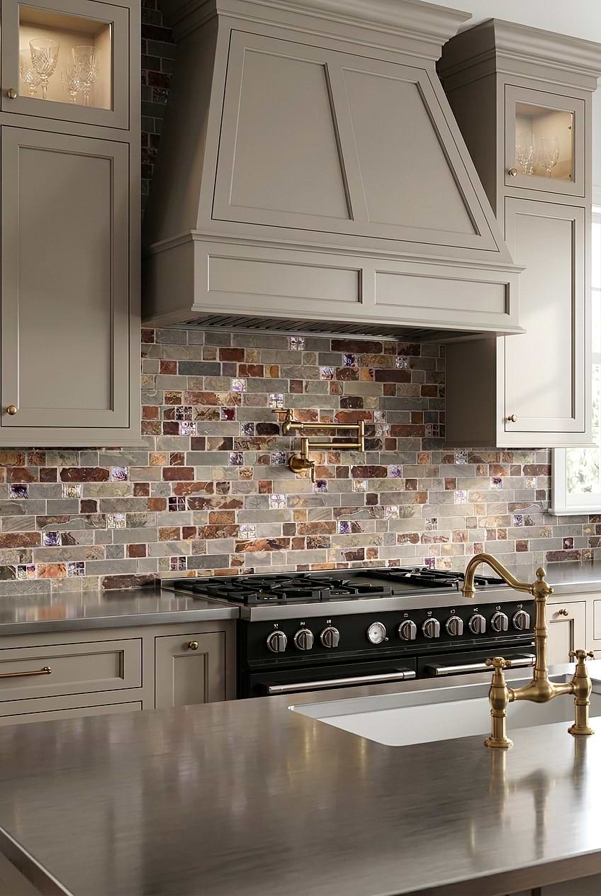 Rustic Slate Glass Tiles with Stainless Countertops BA1026