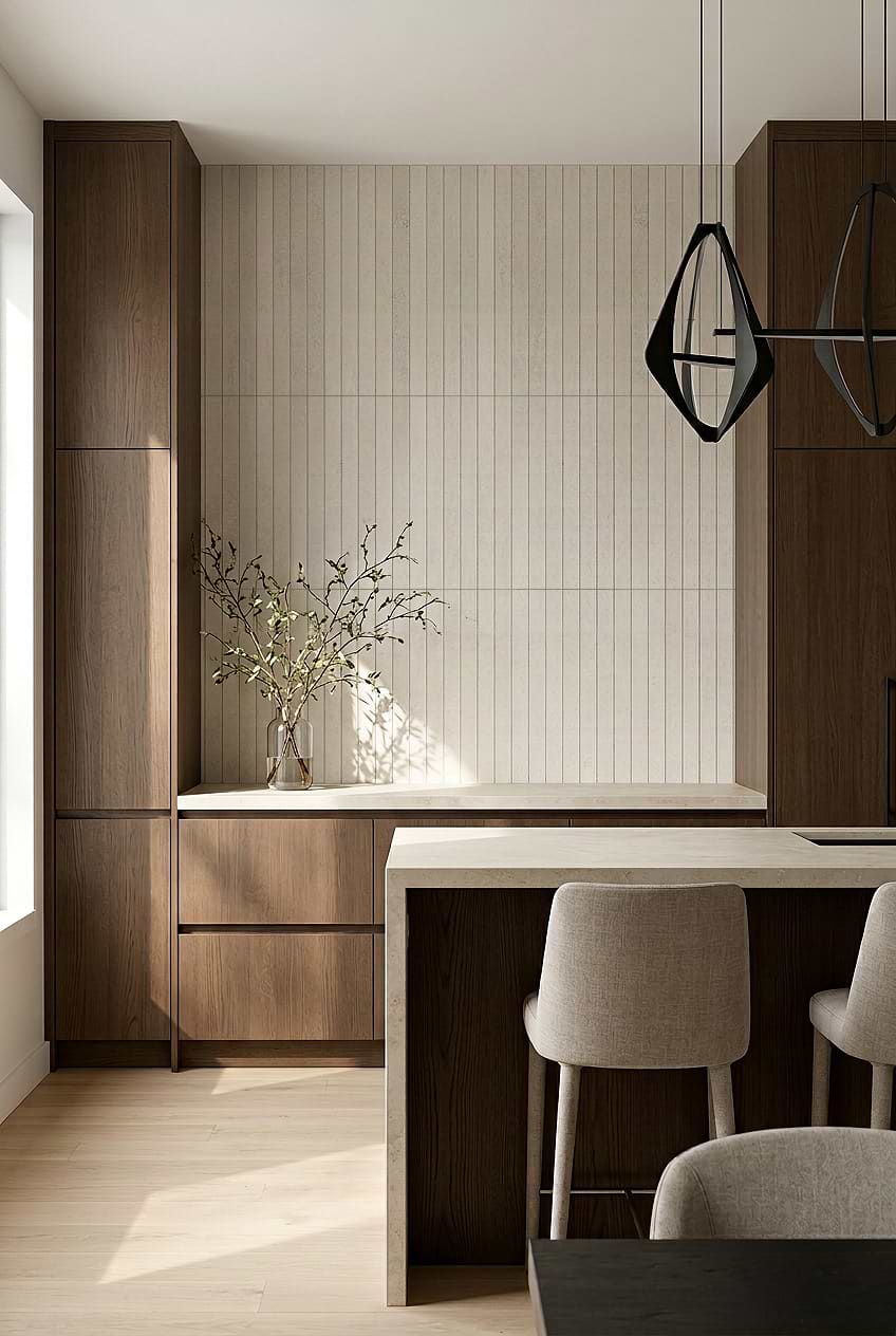 Scandinavian Kitchne with Long Beige Porcelain Tile BA4501