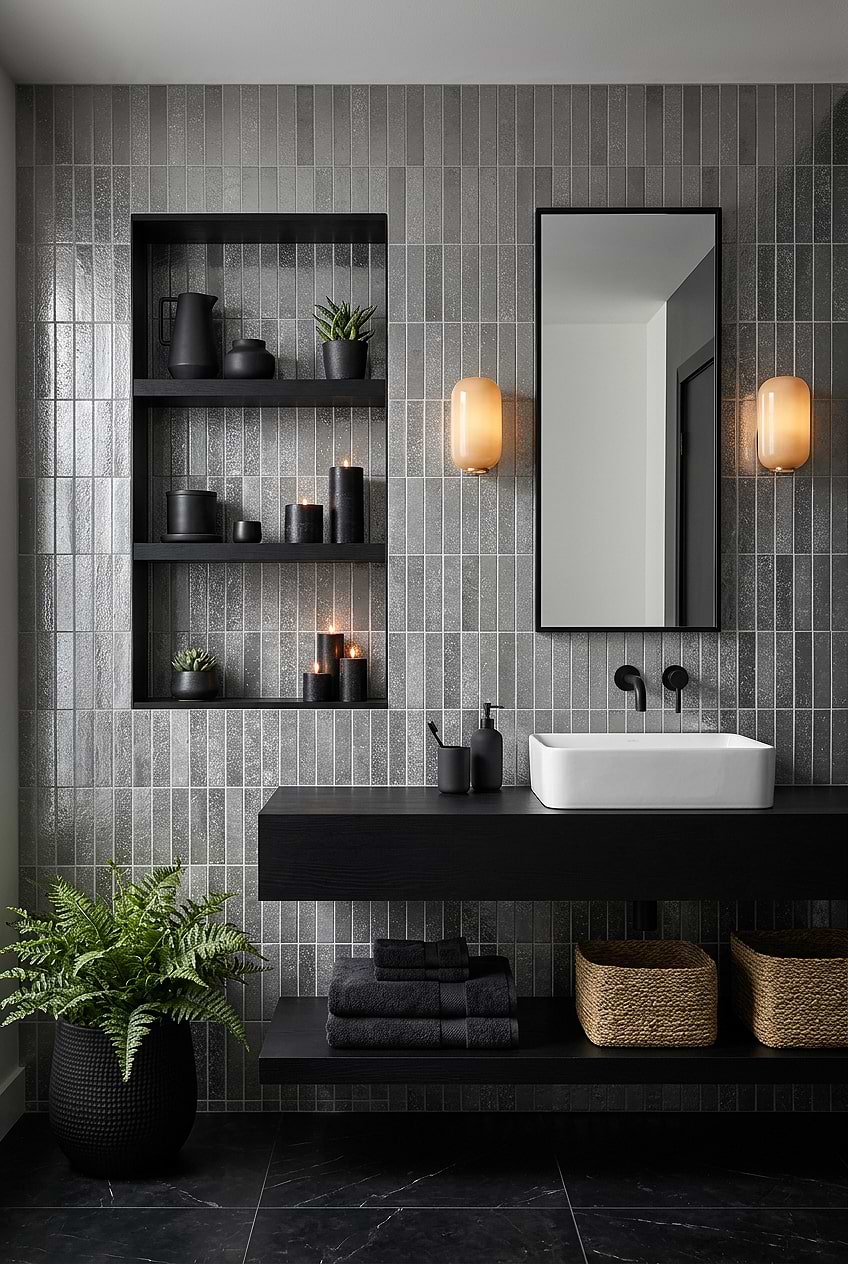 Shimmering Gray Metallic Tile Black Bathroom BA6205 Shimmering Gray Metallic Tile Black Bathroom BA6205