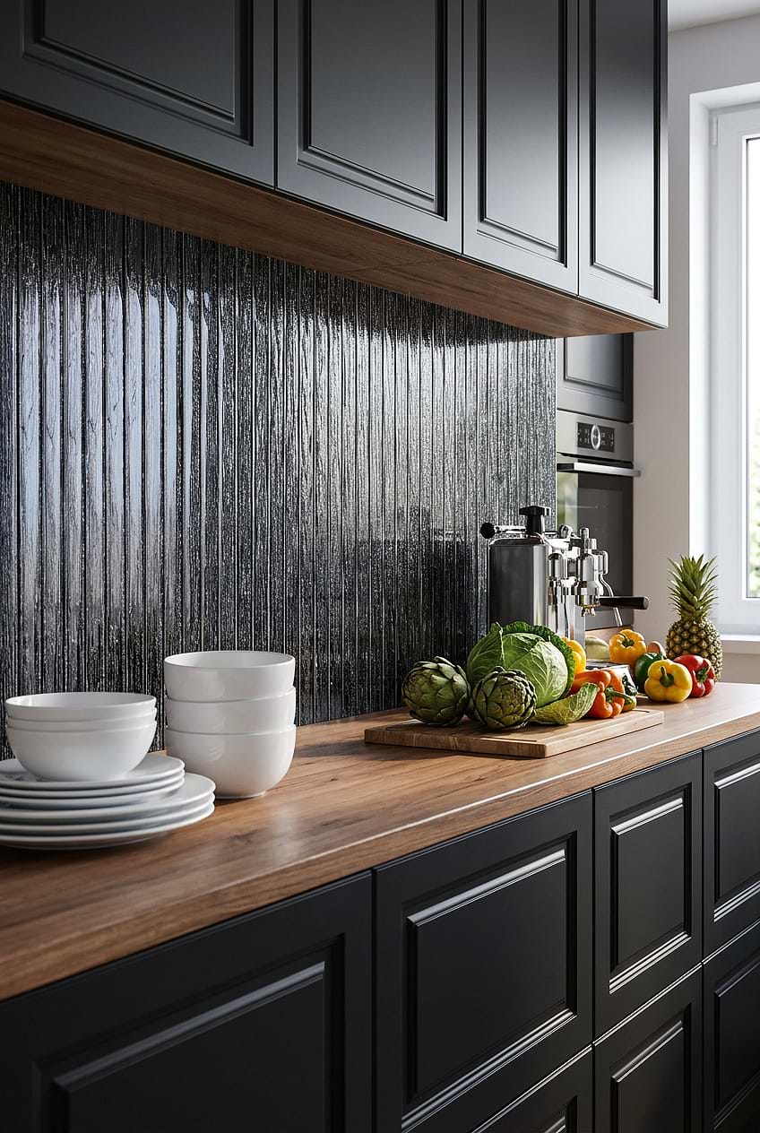 Shimmery Black Glass Vertical Backsplash BA8021
