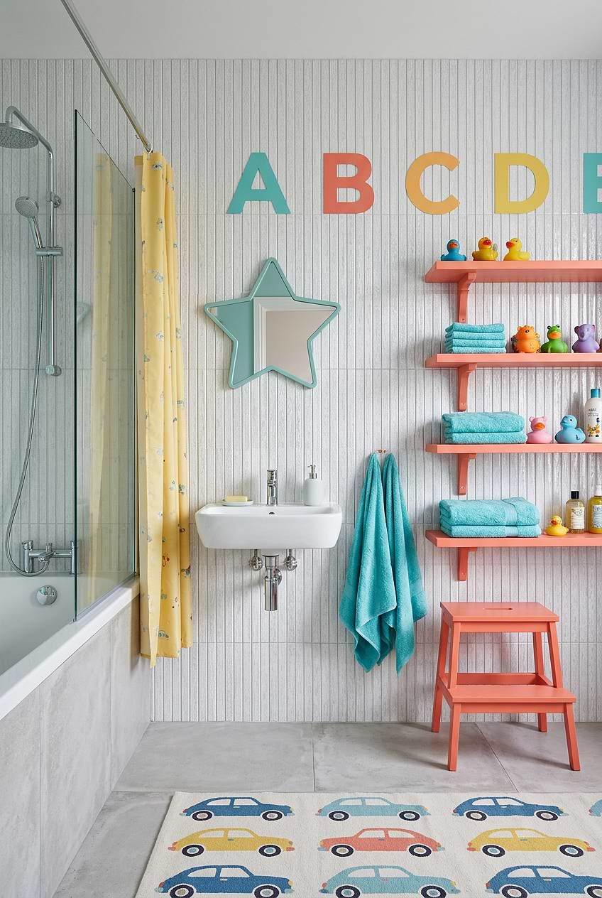 Shimmery White Glass Tiles for Colorful Boys Bathroom BA8022