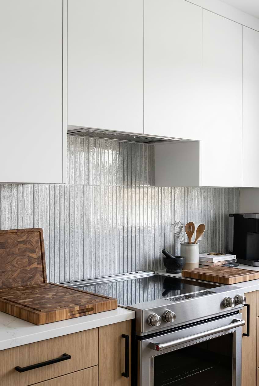 Shimmery White Glass Vertical Backsplash BA8022
