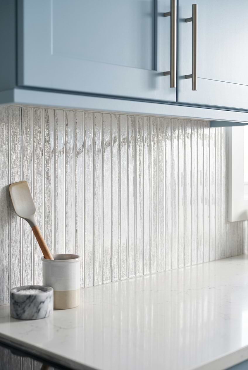Shimmery White Glass Vertical Backsplash BA8022 