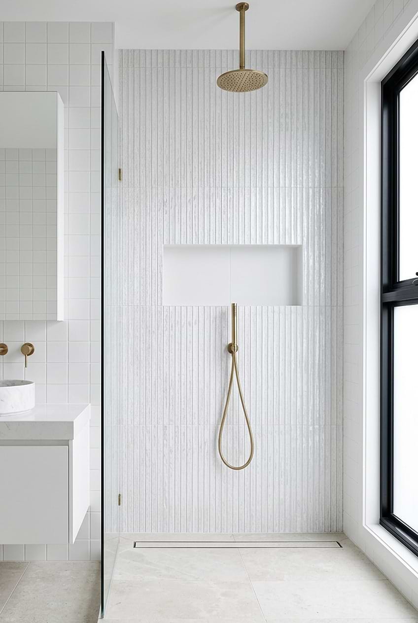 Shimmery White Glass Vertical Shower Tile BA8022