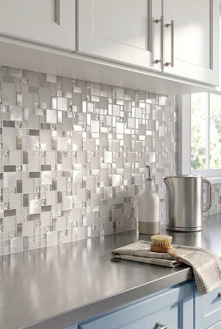 Silver Glass Mosaic Tiles with Steel Countertop BA1138