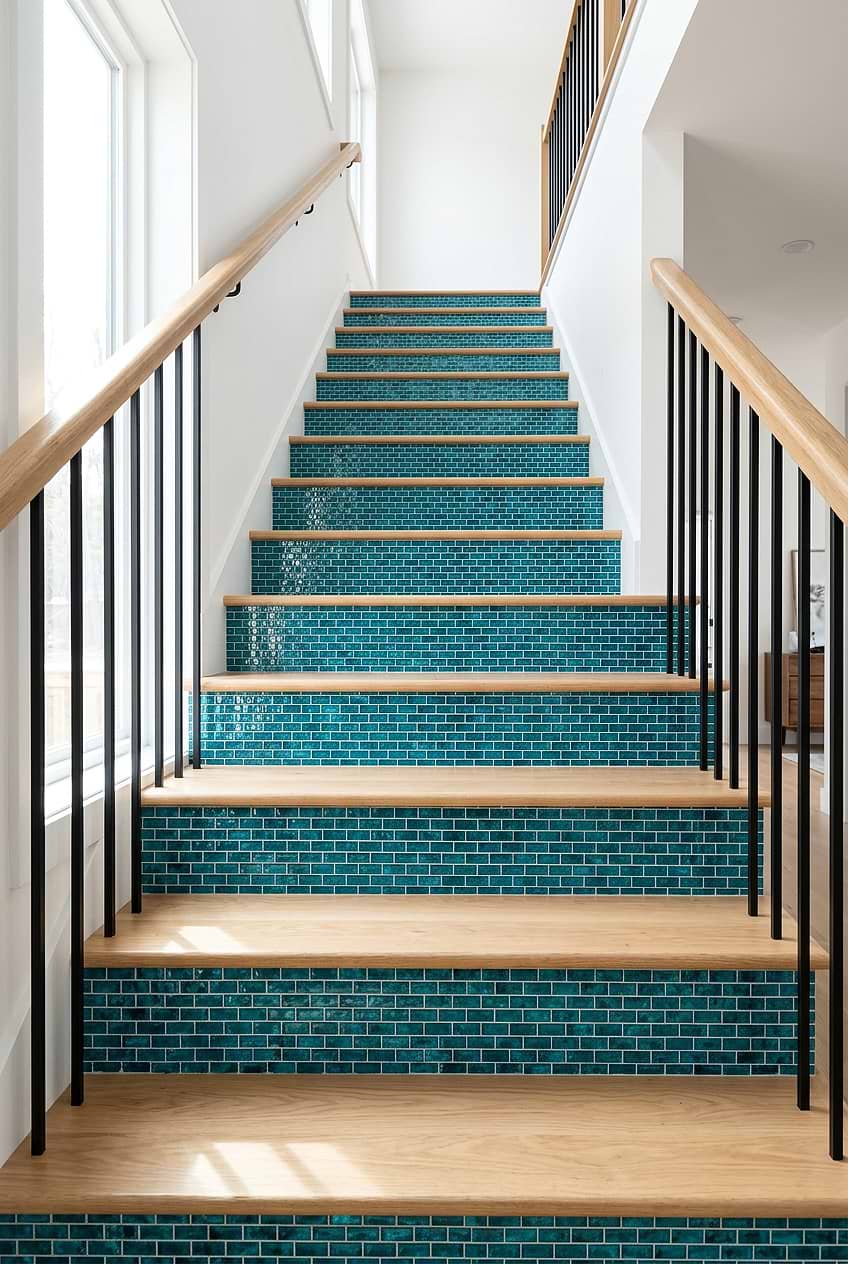 Teal Blue Glass Mosaic Tile Staircase BA5517