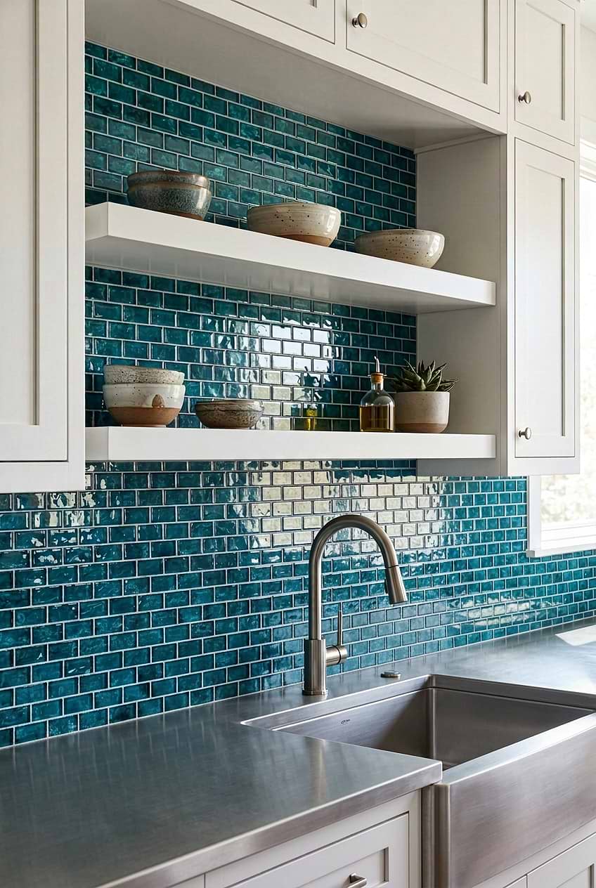 Teal Glass Subway Kitchen Backsplash BA5517